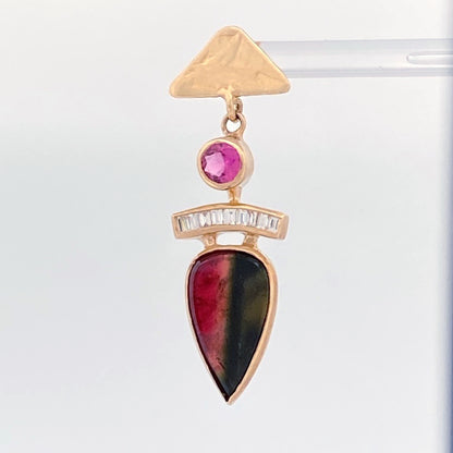 Unveiling a Duality of Beauty: 14k Yellow Gold Bi-Color Tourmaline &amp; Diamond Earrings (On Consignment)